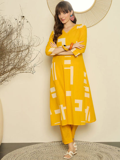 Geometric Printed V-Neck A-Line Pure Cotton Kurta with Trousers