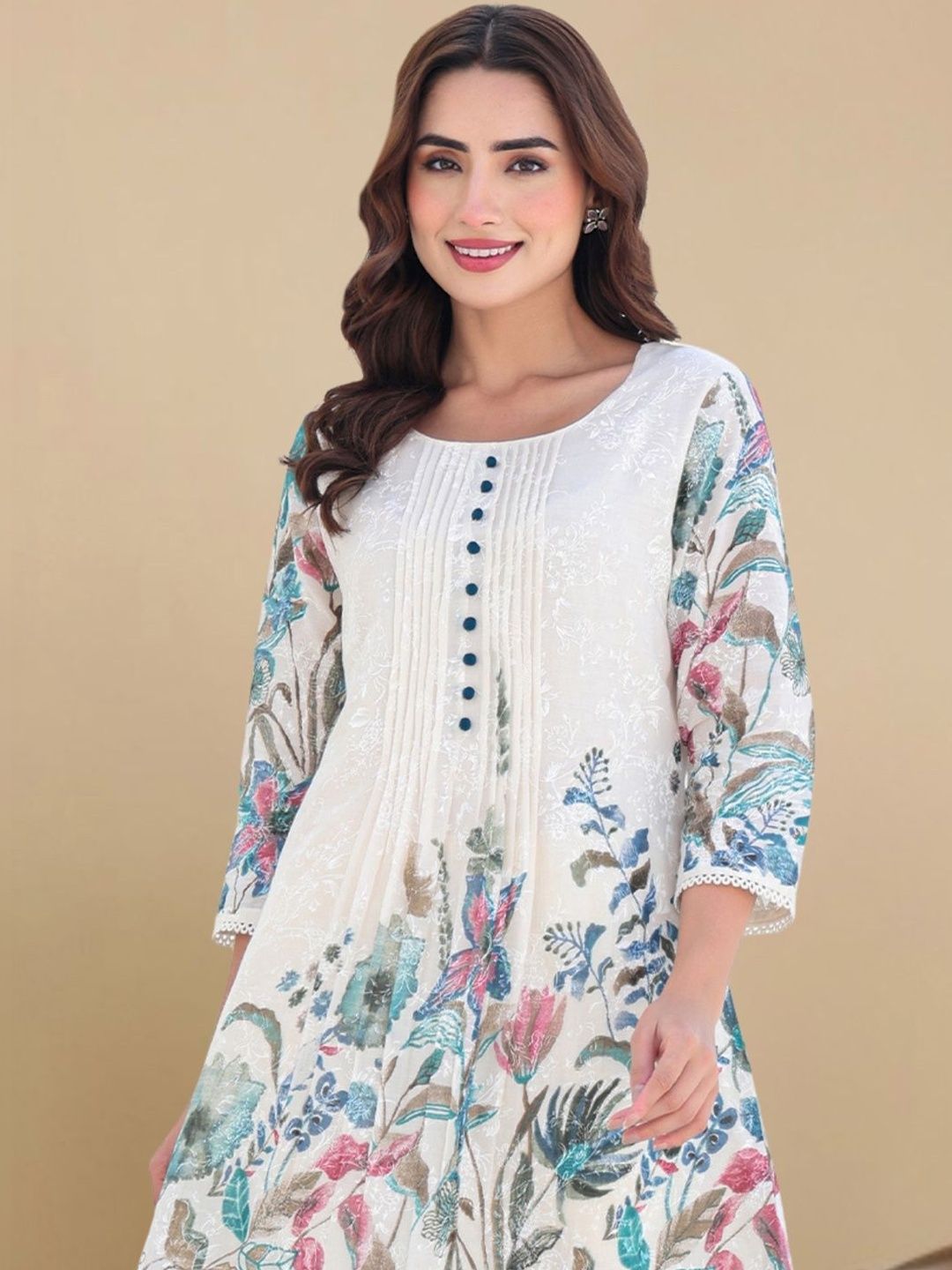 Women Floral Printed Panelled Thread Work Pure Cotton Kurta with Trousers