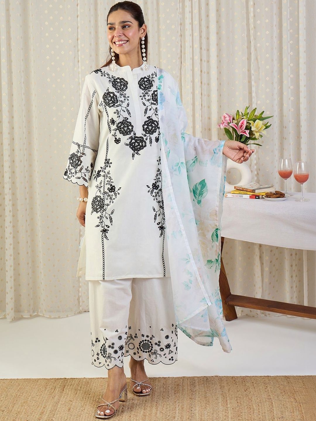 Dhiyona IE Floral Embroidered Thread Work Pure Cotton Kurta With Palazzos & Dupatta