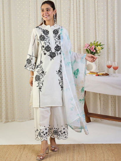 Floral Embroidered Thread Work Pure Cotton Kurta With Palazzos & Dupatta