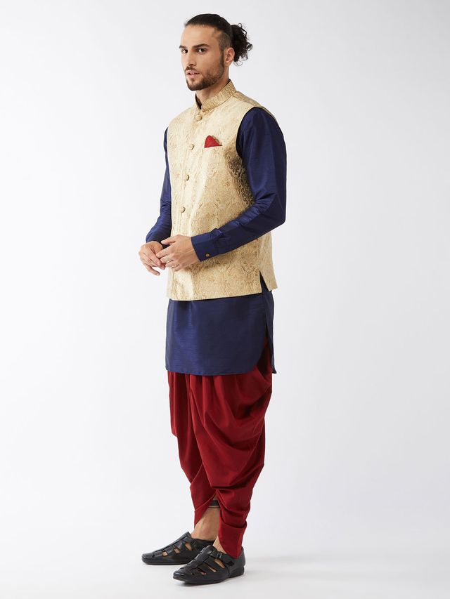 Men's Navy Blue Silk Blend Straight Jacket  Kurta and Dhoti Set