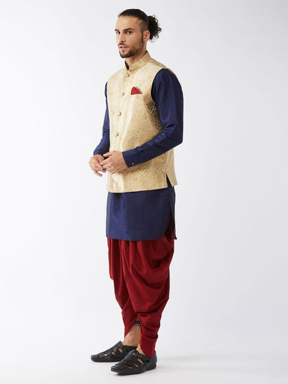 Men's Navy Blue Silk Blend Straight Jacket  Kurta and Dhoti Set