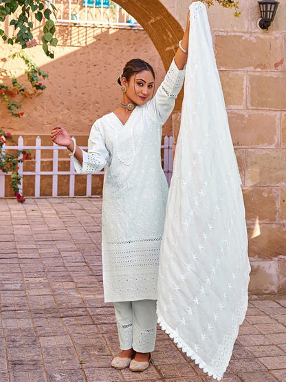 Ethnic Motifs Embroidered Chikankari Pure Cotton Kurta With Trousers & Dupatta