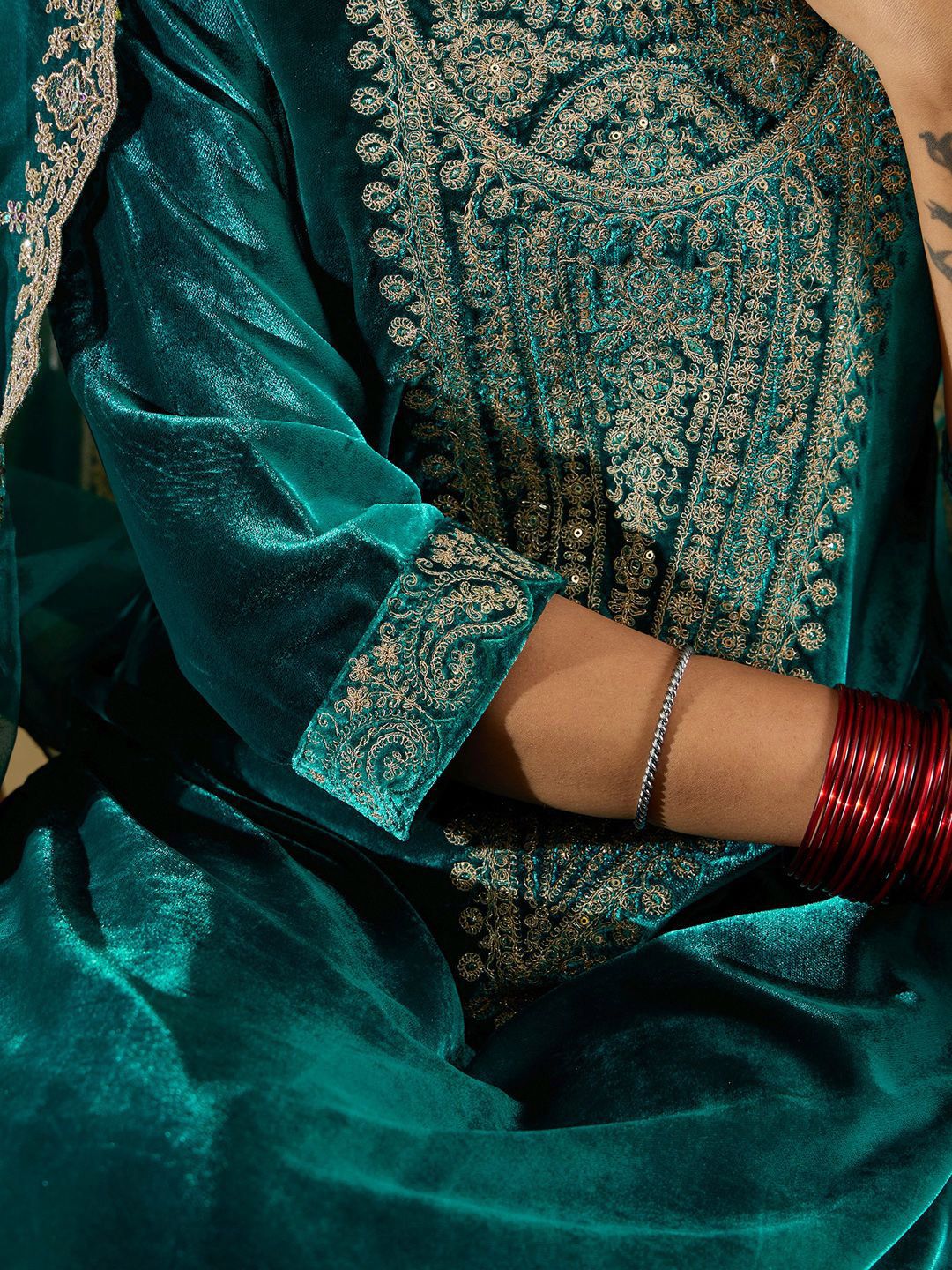 Floral Yoke Design Sequinned Velvet Straight Kurta With Trousers & Dupatta