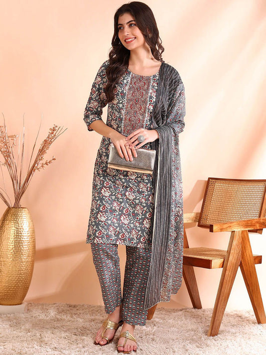 Dhiyona OD  Thread Work Pure Cotton Straight Kurta with Trousers & Dupatta