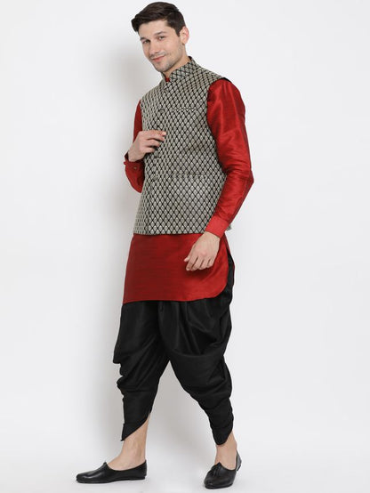 Men's Maroon Silk Blend Straight Jacket  Kurta and Dhoti Set