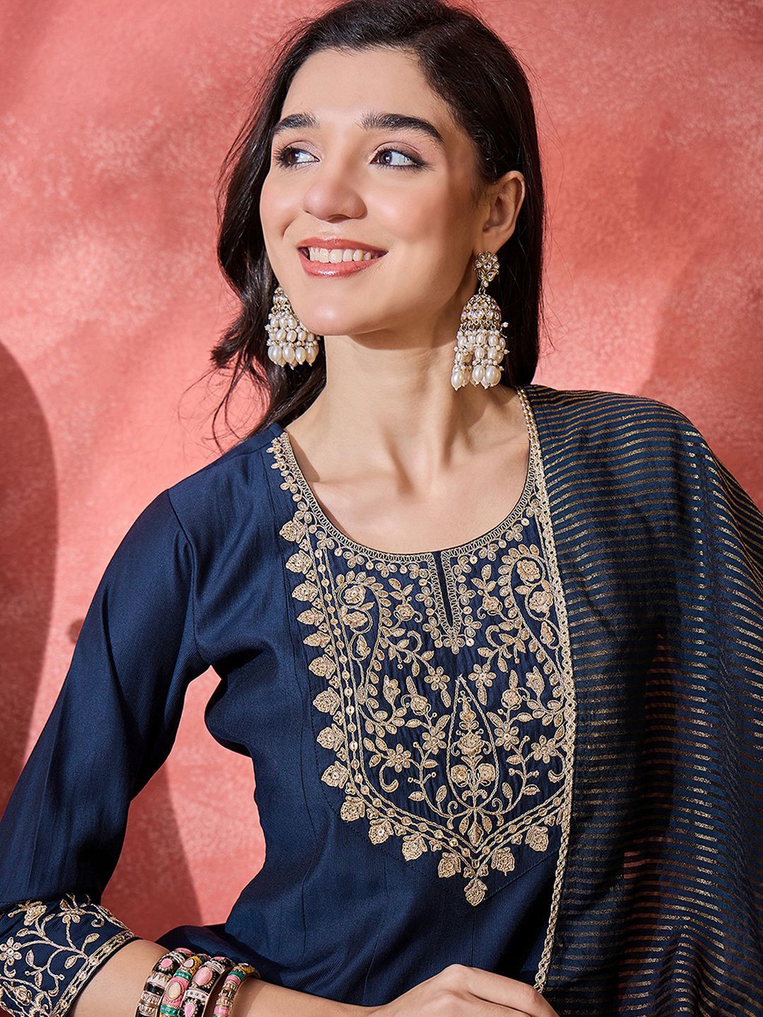Dhiyona SN Women's Floral Embroidered Kurta with Trousers & Dupatta