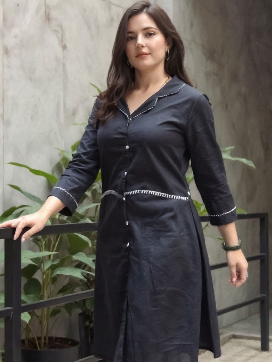 Women Lapel Collar Thread Work A-Line Pure Cotton Kurta With Trousers