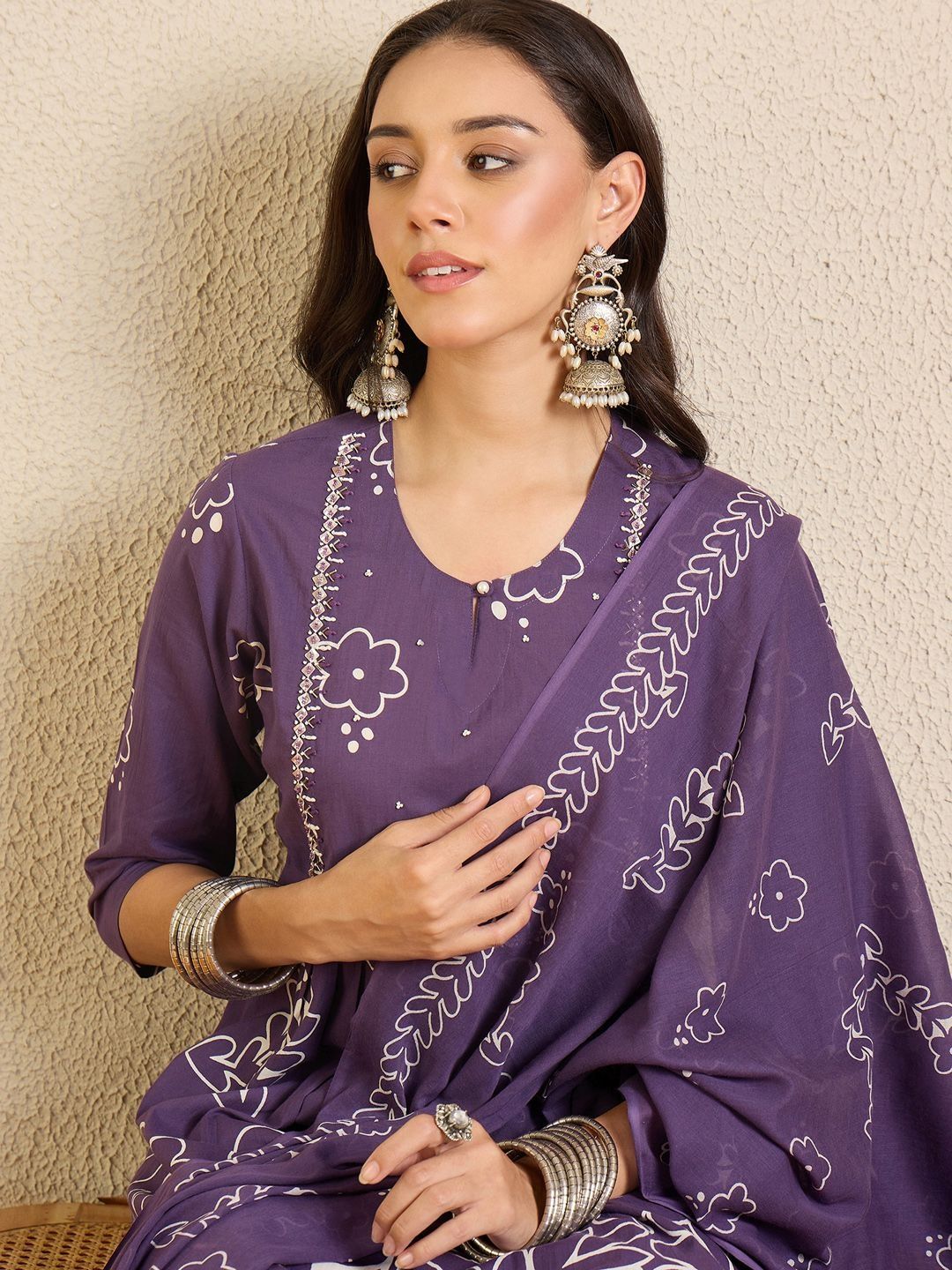 Women Ethnic Motifs Printed Regular Beads and Stones Pure Cotton Kurta with Trousers & With Dupatta