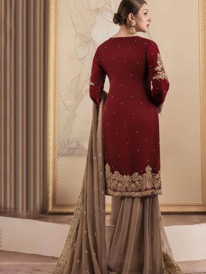 Dhiyona KL Women Leheriya Embroidered Regular Sequinned Kurta with Palazzos & With Dupatta