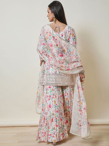 Dhiyona SO Women's Women Ethnic Motifs Printed Regular Mirror Work Kurta with Sharara & With Dupatta