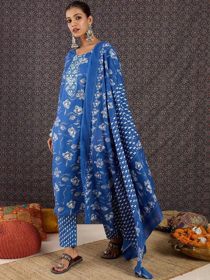 Women Floral Printed Regular Mirror Work Kurta with Trousers & With Dupatta