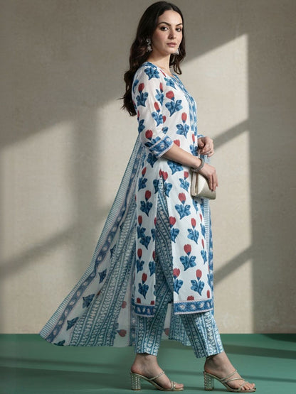 Floral Printed Pure Cotton Kurta With Trousers & Dupatta