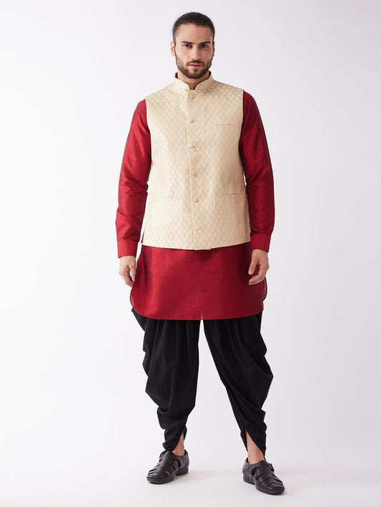 Men's Maroon Silk Blend Straight Jacket  Kurta and Dhoti Set