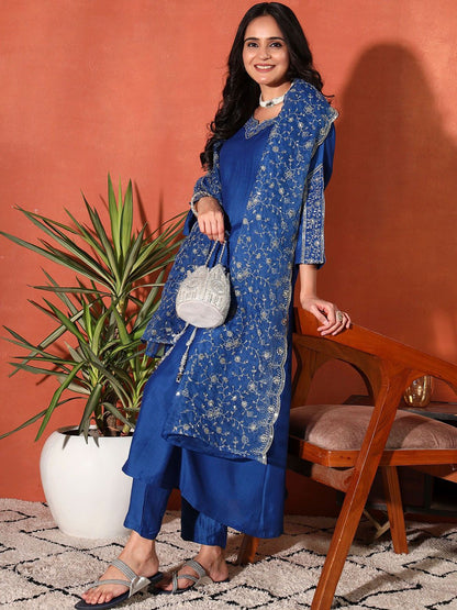 Dhiyona SN Women's Ethnic Motifs Embroidered Kurta with Trousers & Dupatta