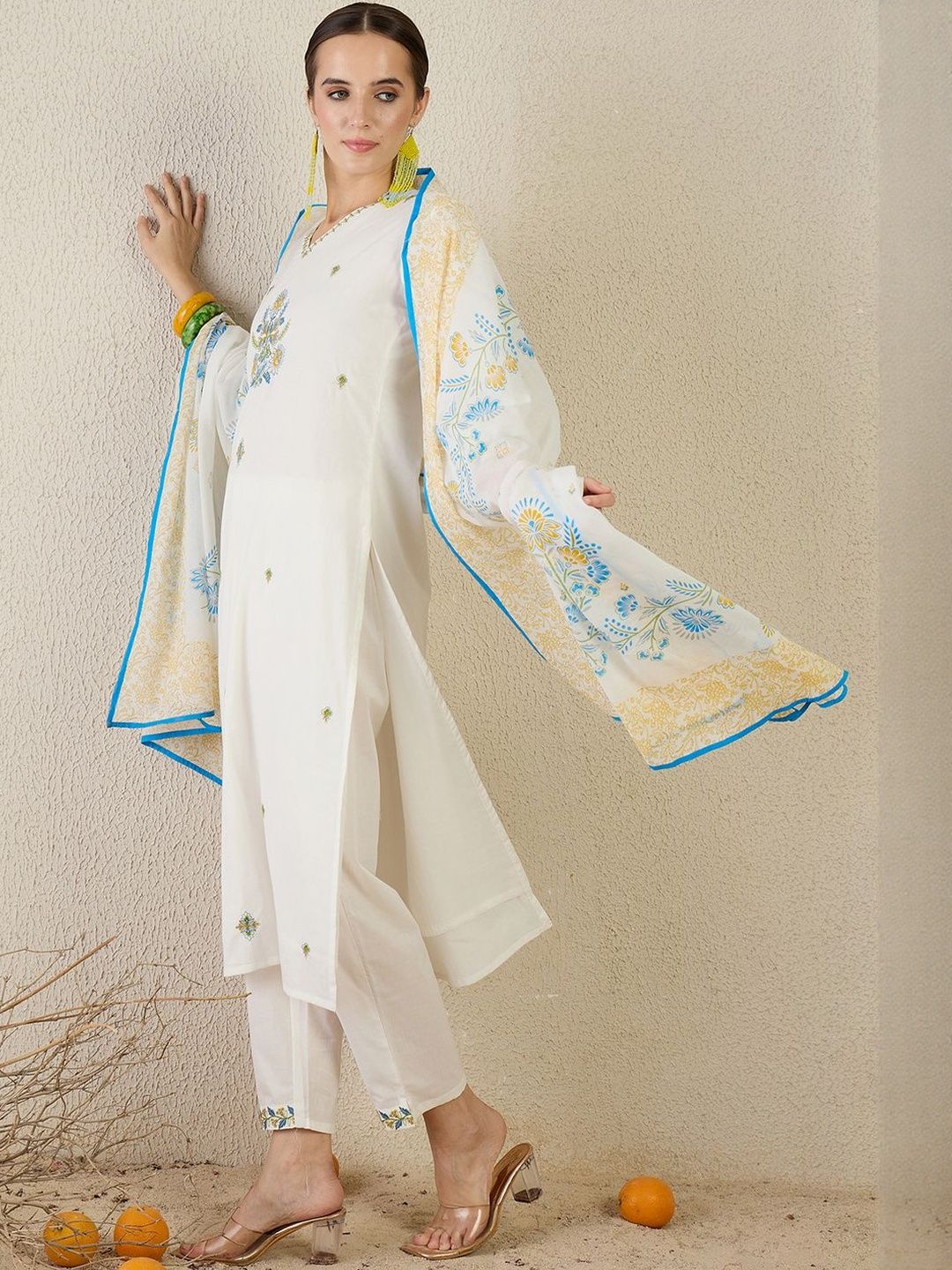 Women White Embroidered Straight Kurta Trousers With Dupatta set