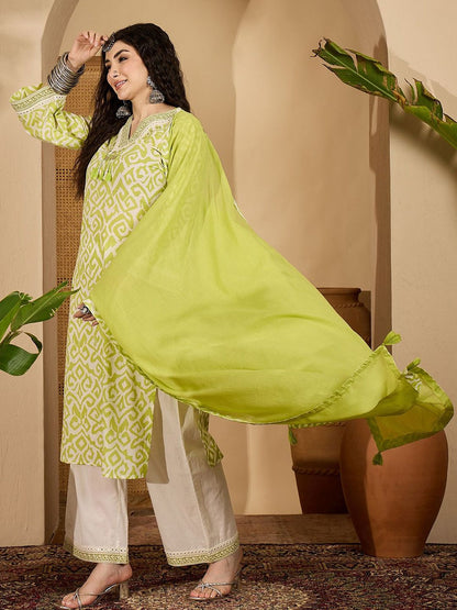 Dhiyona SN Women's Geometric Printed Pure Cotton Kurta with Palazzo & Dupatta