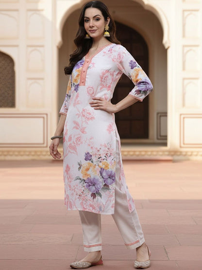 Floral Printed Linen Kurta With Trousers & Dupatta