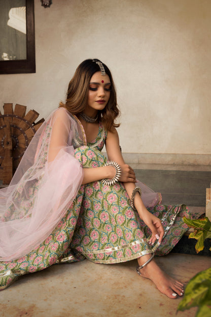 Hand Block Print Cotton Kurta Skirt Set