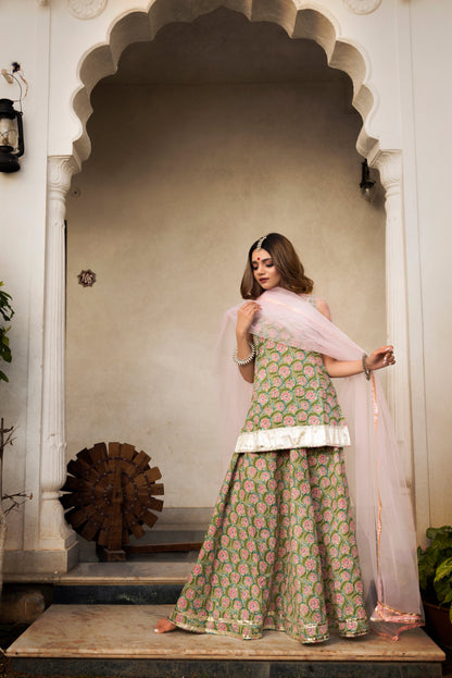 Hand Block Print Cotton Kurta Skirt Set