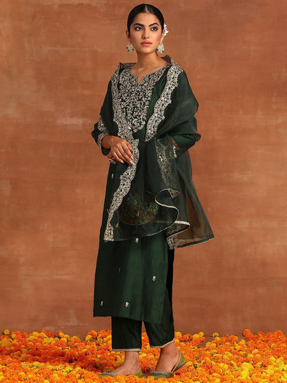 Dhiyona IE Ethnic Motifs Embroidered Straight Zari Liva Kurta with Trousers & Dupatta
