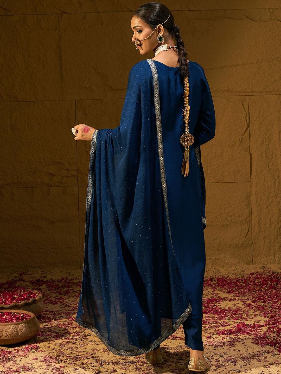 Ethnic Motifs Embroidered V-Neck Jacquard Straight Kurta With Trousers & Dupatta