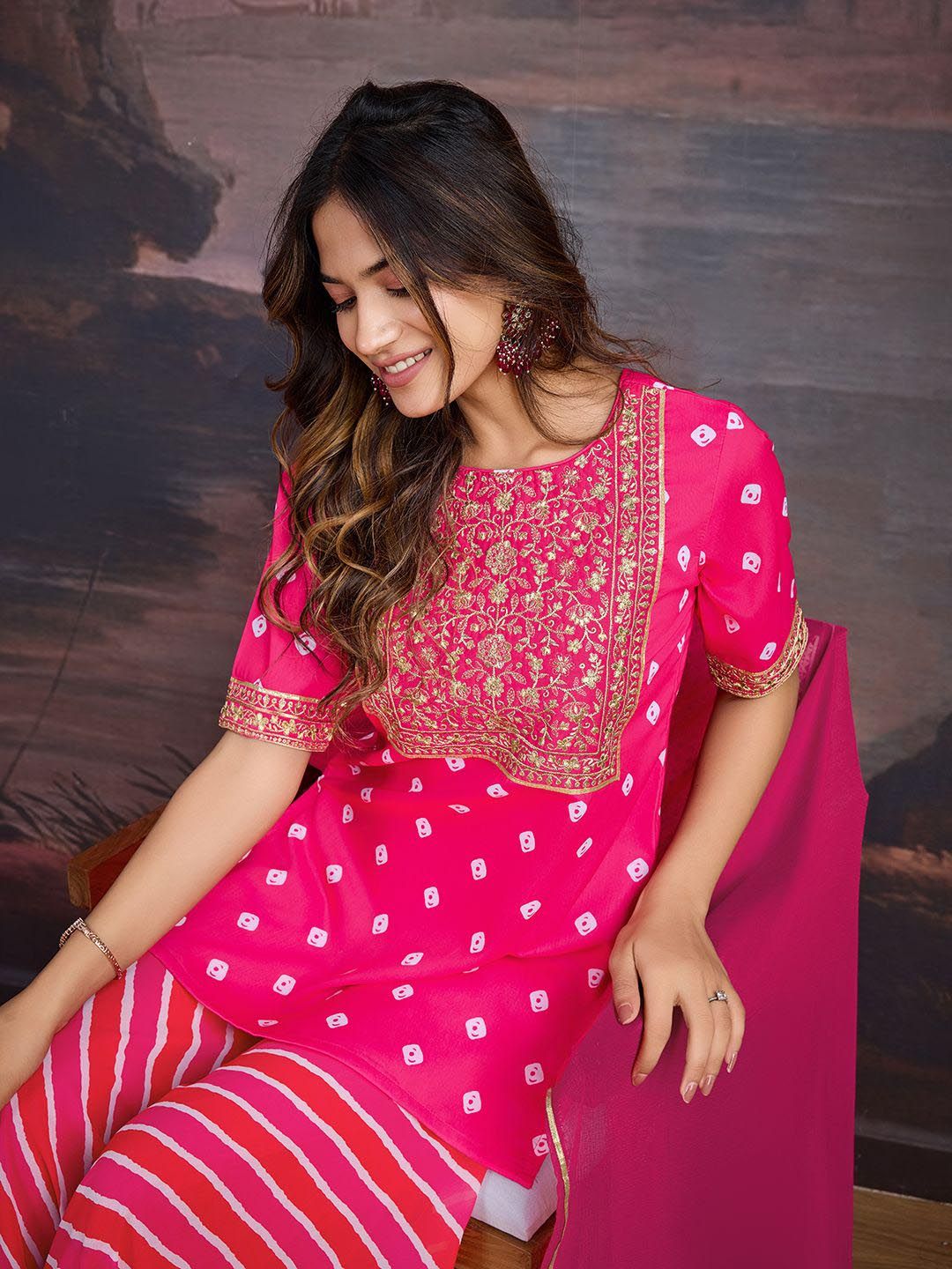 Dhiyona PD Women Bandhani Printed Round Neck Kurta & Sharara With Dupatta