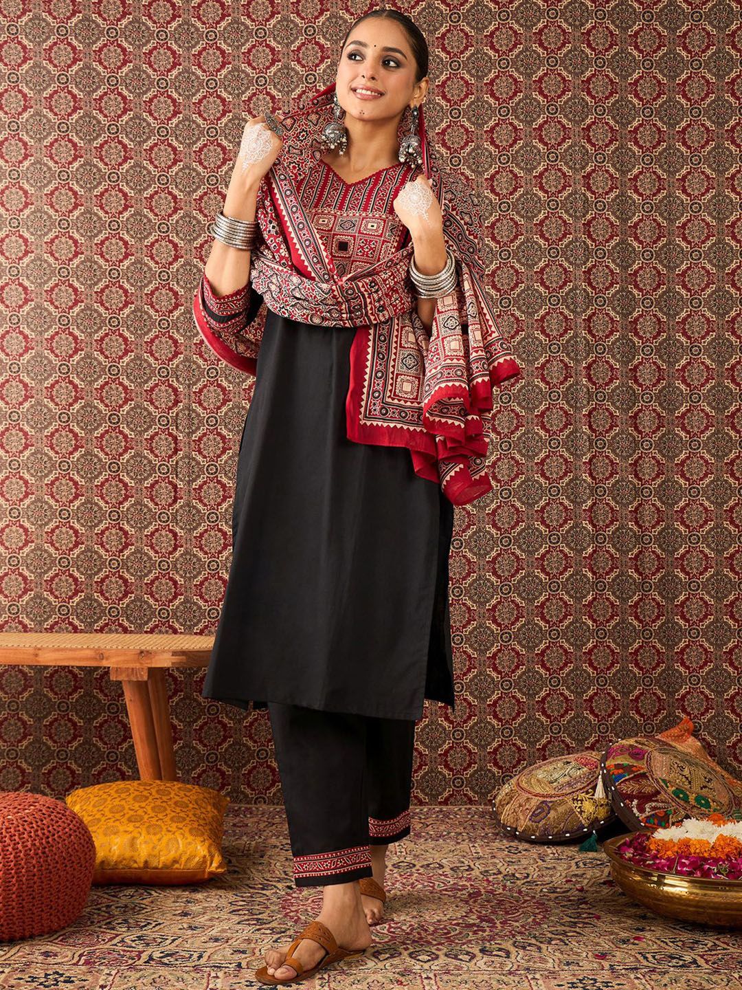 Women Ethnic Motifs Black Printed Pure Cotton Kurta with Trousers & Dupatta