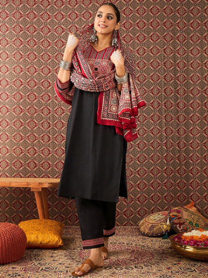 Women Ethnic Motifs Black Printed Pure Cotton Kurta with Trousers & Dupatta