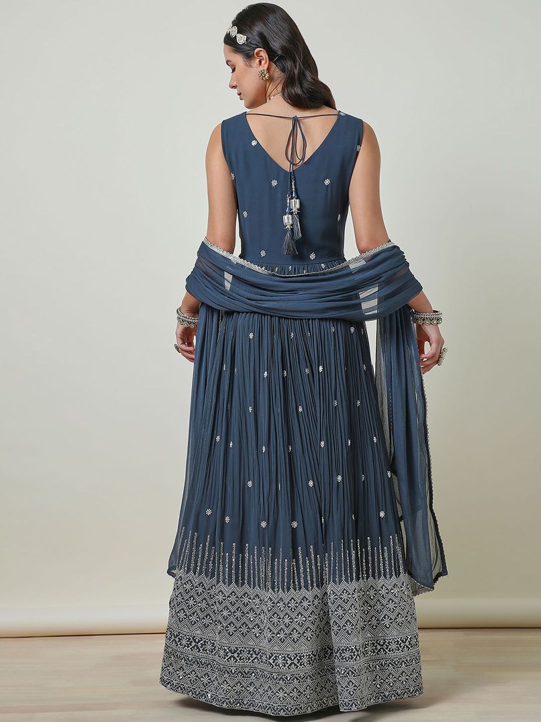 Dhiyona SO Women's Grey Floral Embroidered Sequinned Georgette Anarkali Kurta With Churidar & Dupatta