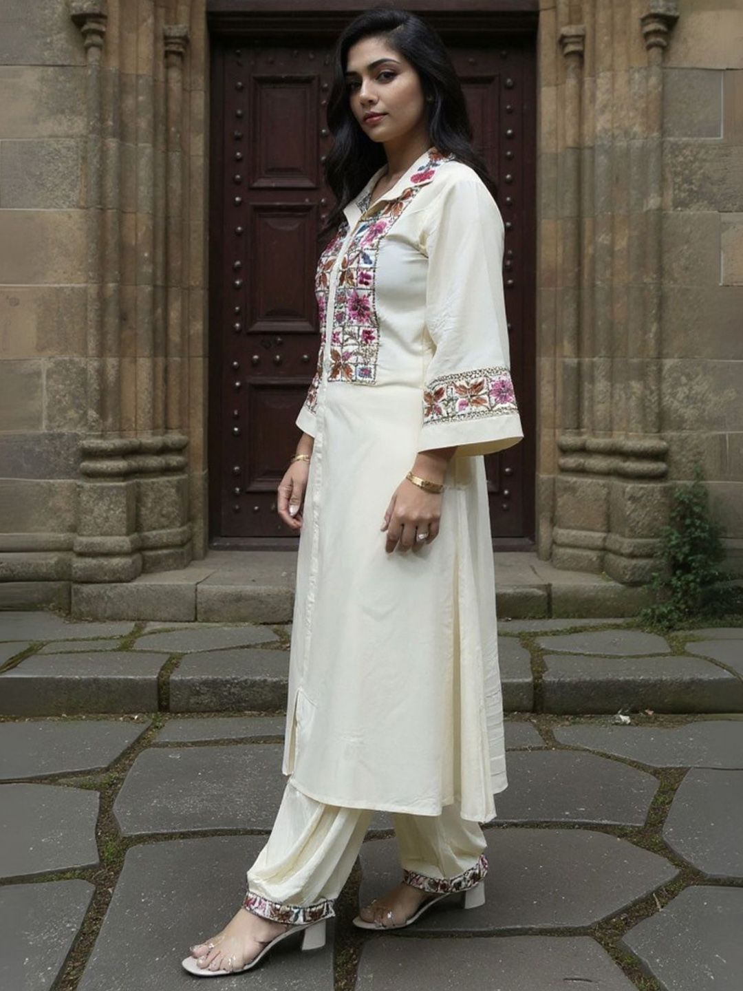 Dhiyona IE Embroidered Shirt Collar Tunic With Palazzos