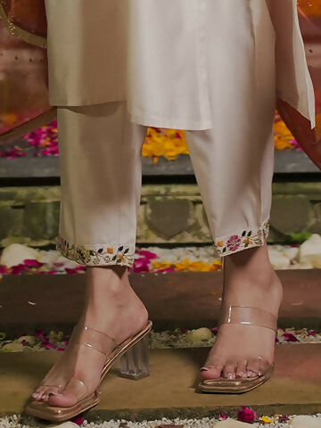 Women's Off White Embroidered Straight Kurta Trousers With Dupatta Set