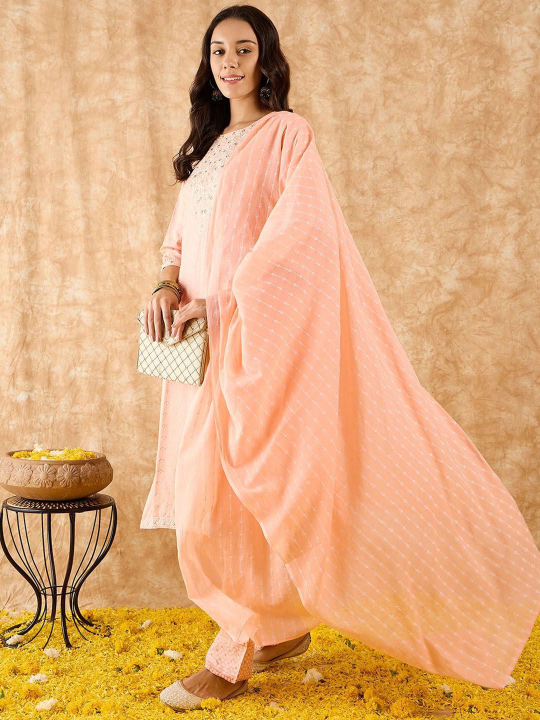 Floral Printed Straight Mirror Work Kurta with Trousers & Dupatta