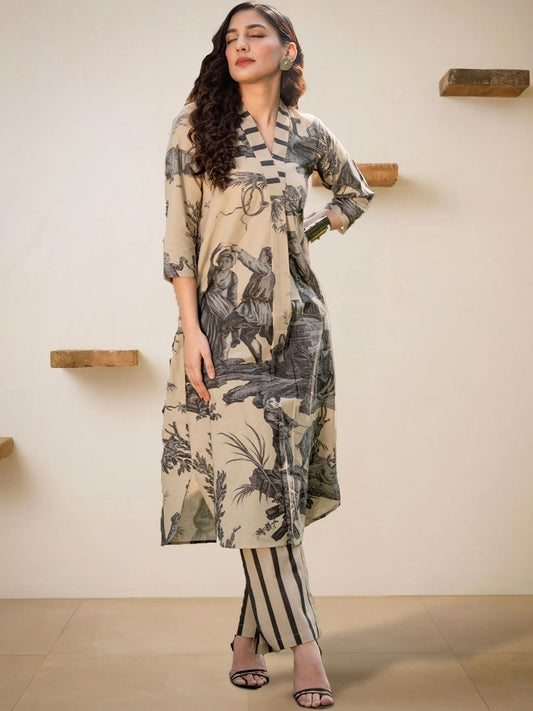 Women Printed Regular Linen Kurta with Trousers