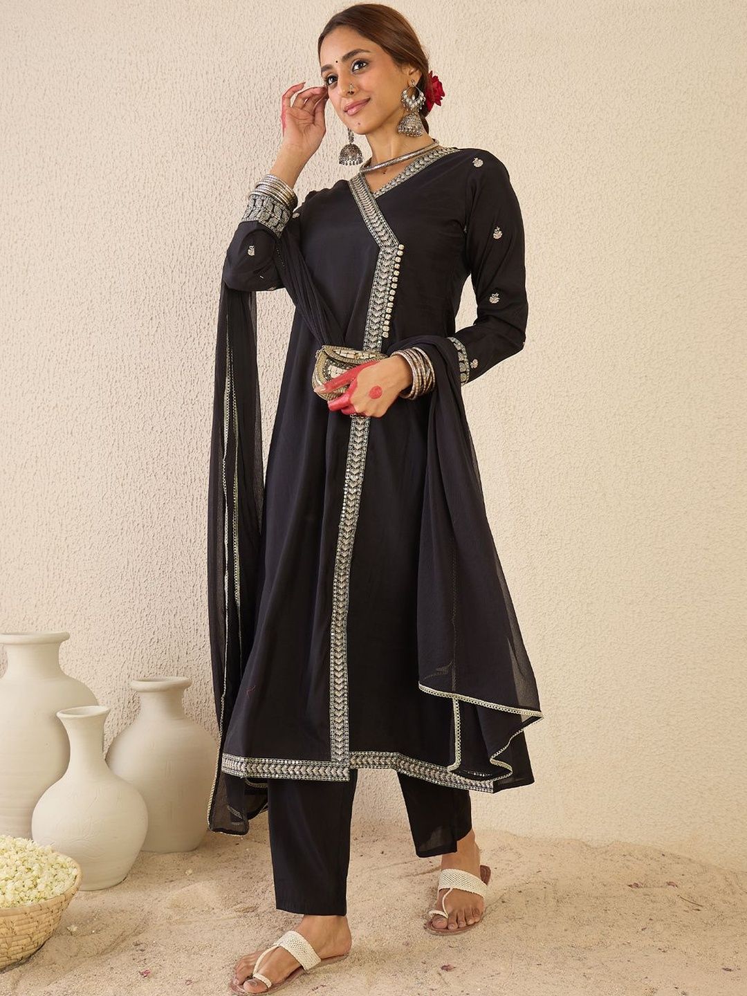 Women Ethnic Motifs Embroidered Angrakha Thread Work Kurta with Trousers & With Dupatta