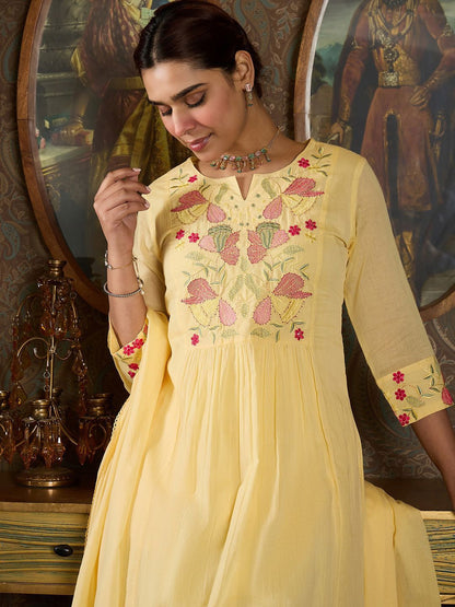 Embroidered Notch Neck Panelled A Line Pure Cotton Kurta With Trousers & Dupatta