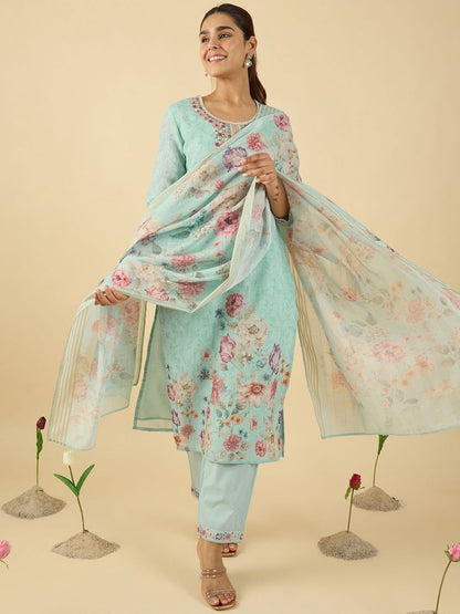 Women Floral Printed Regular Thread Work Linen Kurta with Trousers & With Dupatta