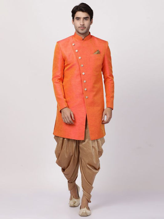 Men's Orange Silk Blend Straight Sherwani Set