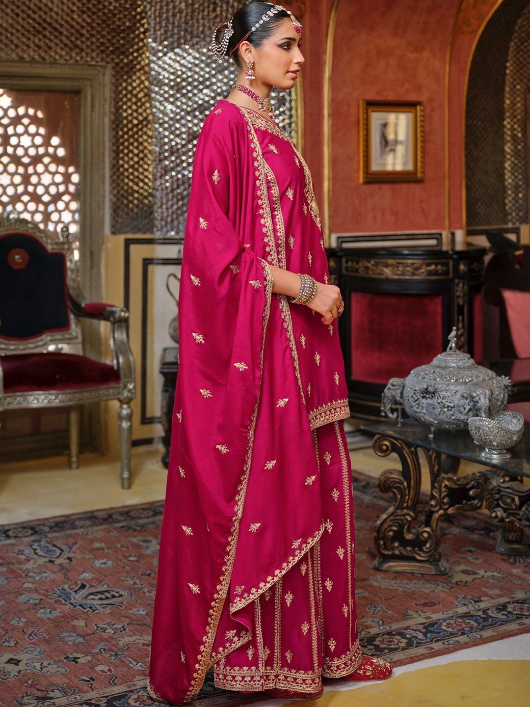 Dhiyona IE Women Ethnic Motifs Embroidered Regular Kurta with Sharara & With Dupatta