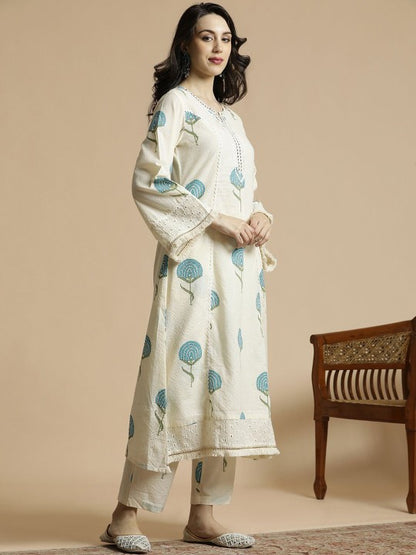 Women's White & Blue Floral Printed Notch Neck Thread Work Cotton A-Line Kurta & Trouser