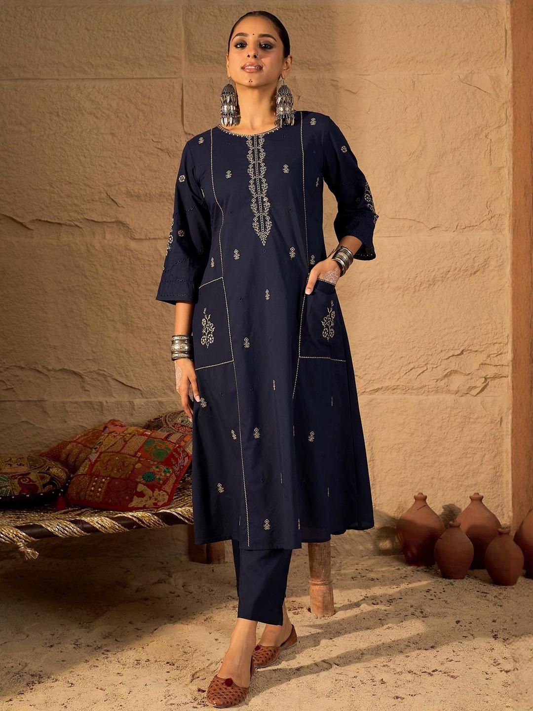 Dhiyona IE Embroidered Round Neck Pure Cotton Tunic With Trousers