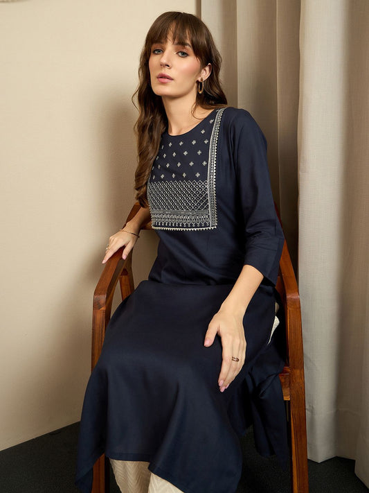 Dhiyona IE Floral Yoke Design Round Neck Sequinned Straight Kurta