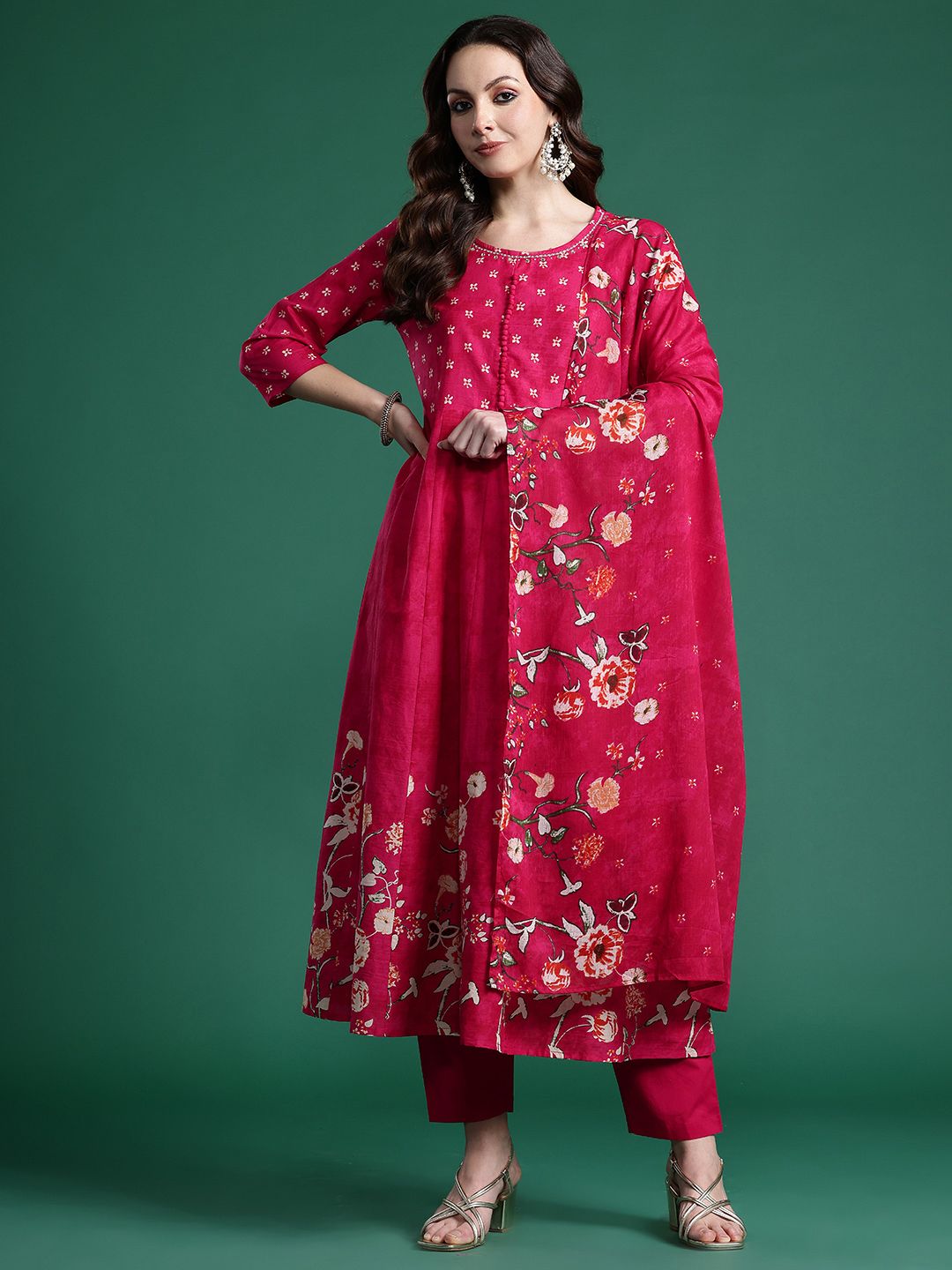 Floral Printed Pure Cotton Kurta with Trousers & Dupatta