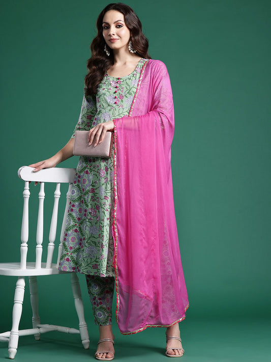 Dhiyona IE Floral Printed Regular Pure Cotton Kurta with Trousers & Dupatta