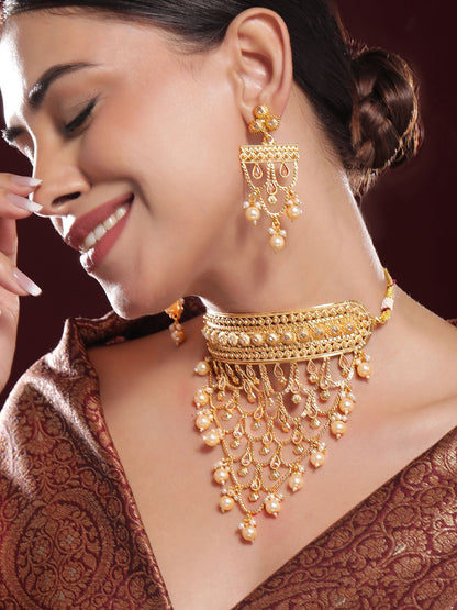 Dhiyona RJ Women's 22K Gold-Plated Choker Necklace Set With Pearls & Intricate Layered Design