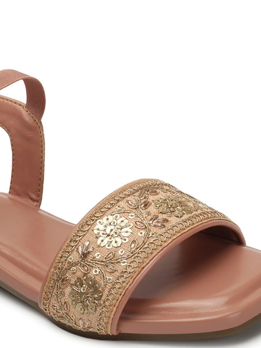Dhiyona AK Pink & Gold-Toned Embroidered Open Toe Flats