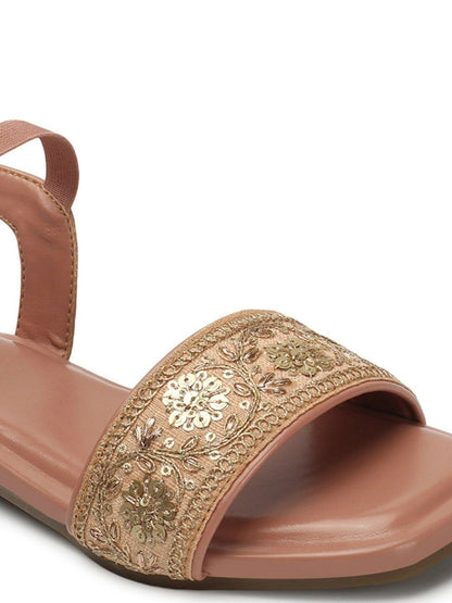 Dhiyona AK Pink & Gold-Toned Embroidered Open Toe Flats