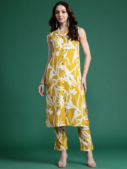 Dhiyona IE Women Printed Regular Linen Kurta with Trousers