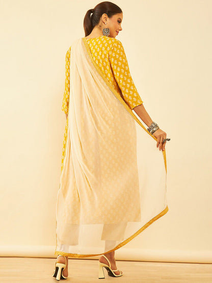 Dhiyona SO Women's Mustard Yellow Floral Printed Sequinned A-Line Kurta with Trousers & Dupatta