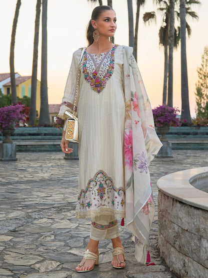 Floral Embroidered Regular Thread Work Pure Cotton Kurta with Trousers & Dupatta